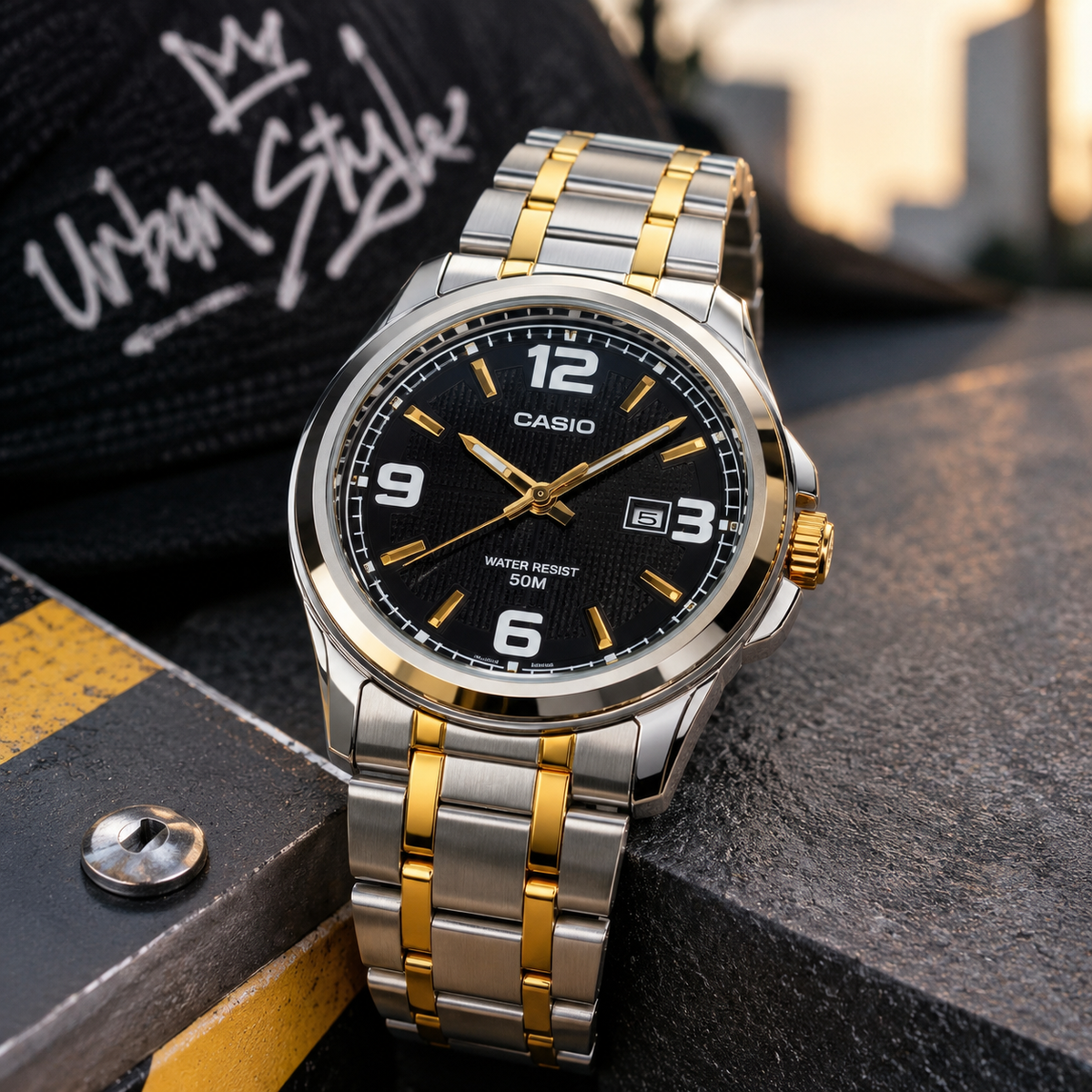 Reloj Casio Hombre Original – Plateado - Dorado Fondo Negro